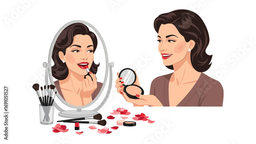 Beautiful woman applying makeup in a mirror with cosmetic products and brushes arranged on a vanity table