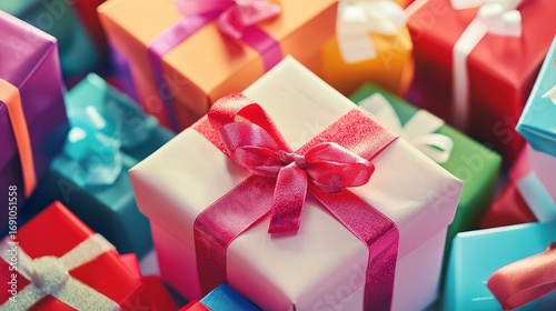 A joyful pile of colorful gift boxes tied with playful ribbons, evoking childhood excitement and wonder.