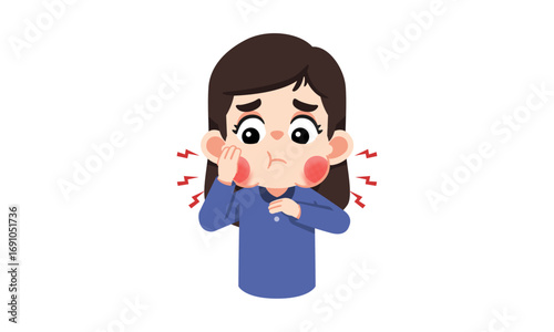 A young girl holding her cheek in pain, indicating a toothache or jaw discomfort with red radiating lines.
