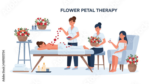 Woman receiving relaxing flower petal therapy treatment from spa professionals in a serene wellness center setting