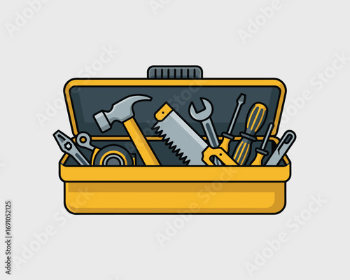 Toolbox Icon with Hammer, Screwdrivers, Wrench, and Saw Repair and Maintenance