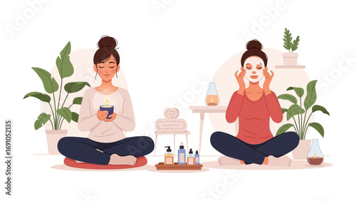 Two young women enjoying a relaxing self care spa day at home applying face masks and drinking tea surrounded by plants and skincare products