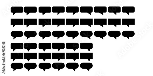 Illustration of multiple rows of black speech bubbles with varying shapes and orientations on a white background