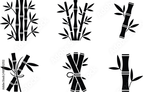 Bamboo silhouettes vector illustration, traditional Asian plant design, black bamboo stalks and leaves, natural tropical element, decorative eco friendly bamboo bundle icons