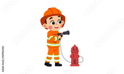 A cute cartoon boy dressed as a firefighter holding a hose nozzle connected to a red fire hydrant, smiling.