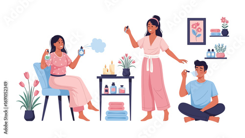 Three diverse young adults enjoying a beauty routine with skincare products and fragrances in a bright modern home setting