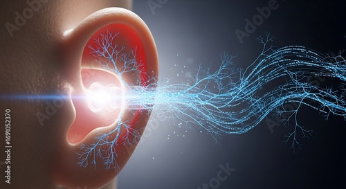 Human ear with glowing implant and neural network connections, hearing technology concept