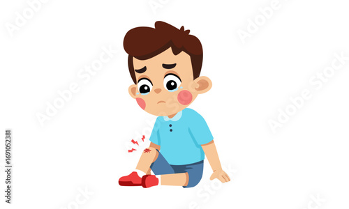 Upset little cartoon boy sitting on the ground with a bleeding scrape on his knee after an accident.