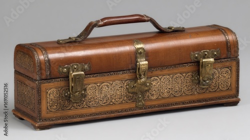Ornate wooden box with leather handle