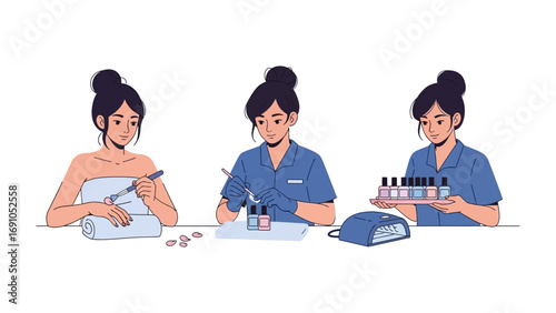 Three young women in a beauty salon or home setting applying makeup and nail polish for personal grooming and self care