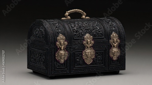 Ornate black wooden chest with brass accents