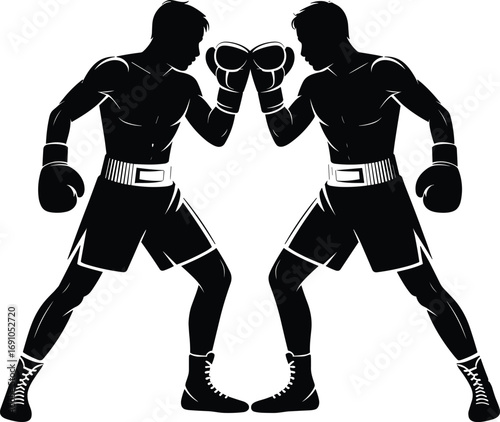 Boxing silhouettes vector illustration, two boxers fighting, men in gloves, sports training design, martial arts combat graphic, competitive athletes sparring, black and white artwork