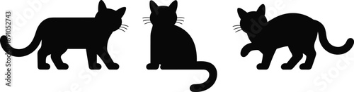Black cat silhouettes in different poses, standing, sitting, walking, animal vector illustration for pet design, decoration, artwork, feline icon, domestic cat