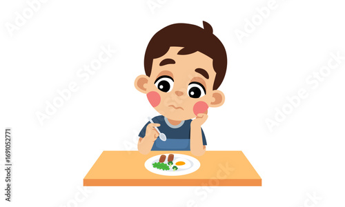 A cartoon illustration of a sad young boy with no appetite refusing to eat his meal at the table.