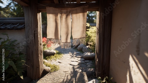 Wooden gate, light beige fabrics, garden path