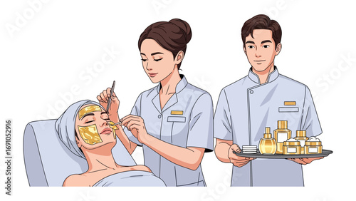Skilled beautician carefully applying a golden facial mask to a relaxed client while a male assistant holds a tray of skincare products