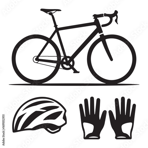Black silhouette bicycle, helmet, and gloves