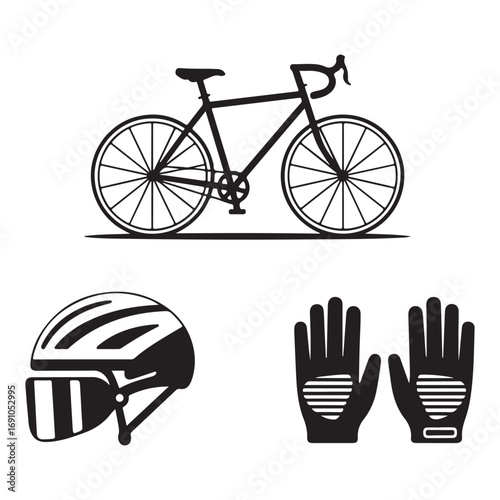 Black silhouette bicycle, helmet, and gloves