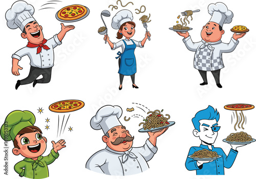 Cartoon chefs cooking pizza and pasta in fun poses, whimsical vector illustration for Italian cuisine, restaurant, kitchen, food, and culinary themes