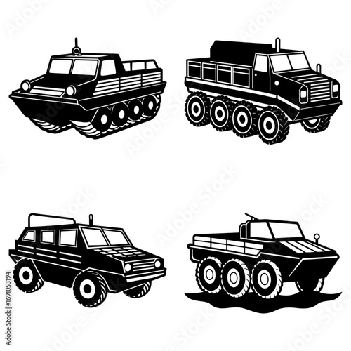 Illustration of four black and white military vehicles with various wheel configurations shown