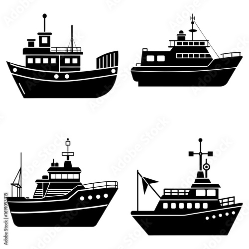 Illustration featuring four distinct black silhouette boat designs with varying cabin structures and masts