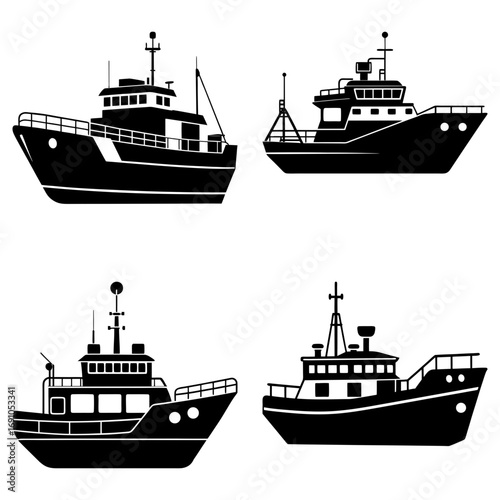 Illustration showing four silhouette fishing boats with different cabin and mast configurations on white