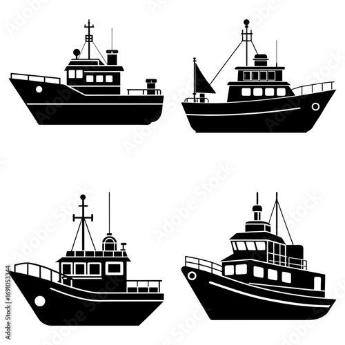 Four black silhouette fishing boats with varying designs on a white background in a square arrangement