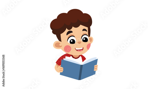 An adorable young boy with curly brown hair and rosy cheeks happily reading an open blue book.