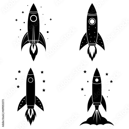Four black and white rocket illustrations with stars and flames on a white isolated background art