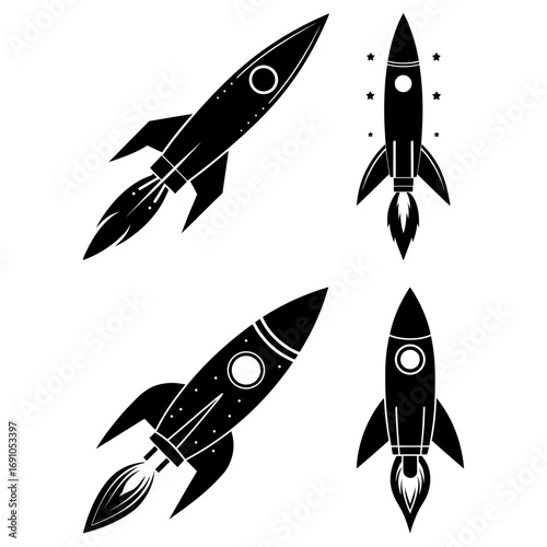 Four black and white rocket ships with flames launching into space on a white isolated background
