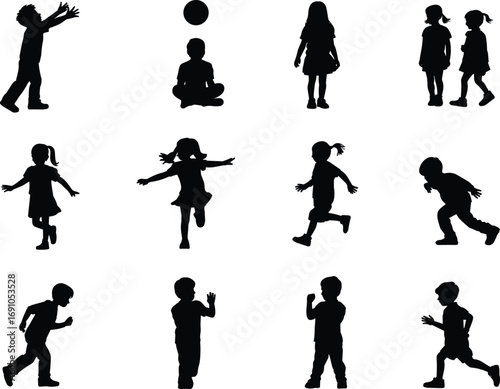 Children silhouette vector illustration, boys and girls playing, running, jumping, walking, sitting, childhood activity design, kids outdoor fun, school, family, lifestyle, sports concept
