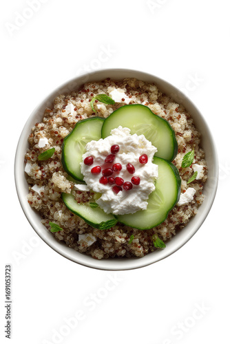 A healthy quinoa bowl topped with creamy yogurt, fresh cucumber slices, and vibrant pomegranate seeds, isolated on a transparent background