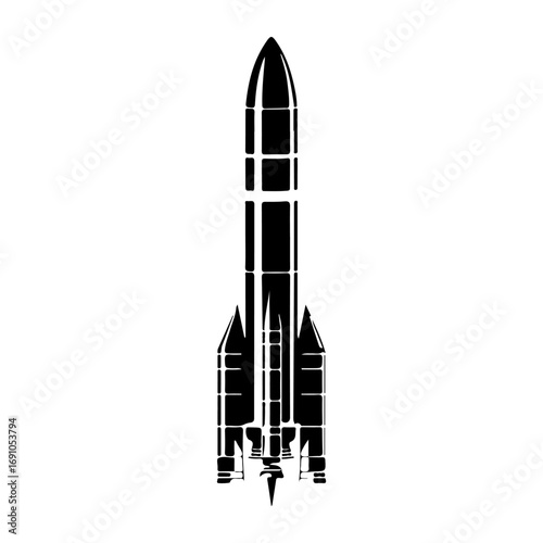 Sleek black rocket ship ready for launch into outer space ascending upward with detailed fins and stripes vector