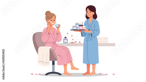 Young woman in a pink bathrobe applying makeup while a friend in a blue robe offers a tray of beauty products