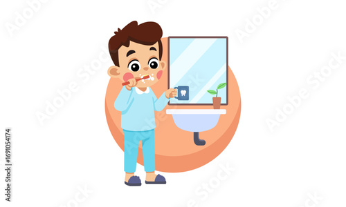 A young boy in pajamas brushing his teeth in front of a bathroom mirror with a sink and cup.