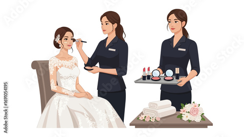 Professional makeup artist applying wedding makeup to a beautiful bride with a second artist holding makeup supplies and beauty products on a tray