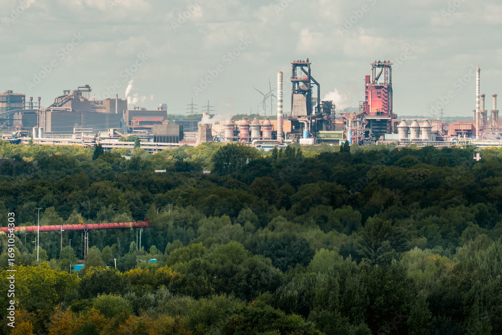 Fototapeta premium Steel Plant Landscape Industrial Skyline Forest Contrast
