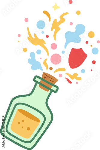 Exploding Potion Bottle with Colorful Abstract Shapes Vector