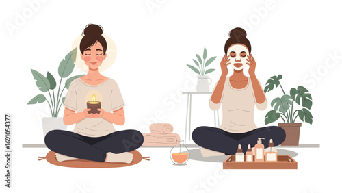 Young woman practicing self care at home with a relaxing meditation and a refreshing facial mask surrounded by houseplants