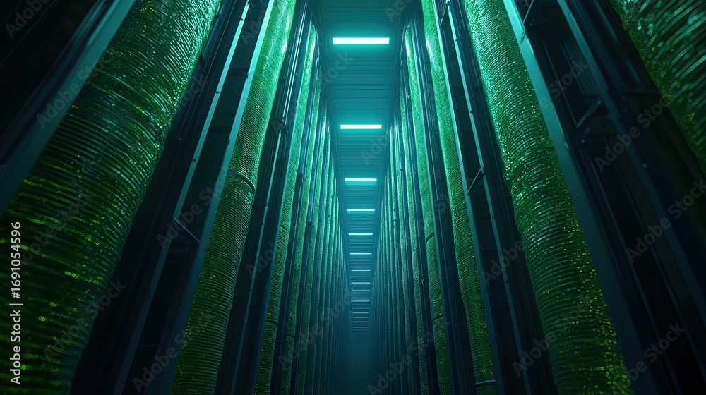 Fototapeta premium Vertical seaweed farms glowing green algae in a clear cultivation tube, subtle bubbles, liquid movement, organic light source