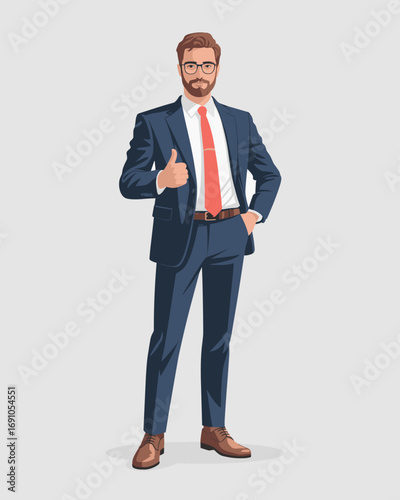 Professional Businessman Giving a Thumbs Up in a Flat Vector Illustration