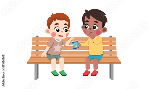 Two young cartoon boys sitting on a park bench, one is kindly sharing a bag of snacks with his friend.