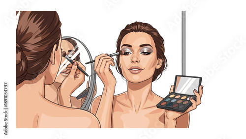 Young woman applying shimmering eyeshadow with a brush while looking in a mirror holding a makeup palette in her hand