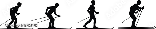 Cross country skiing silhouette vector illustration, winter sports activity icon, athlete skiing motion graphic design, ski exercise symbol, outdoor adventure training fitness concept
