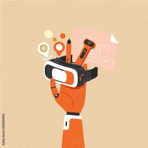 Immersive VR Design and Future Blueprint Robotic Hand Vector