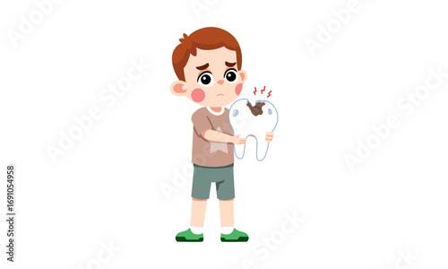 Sad boy holding a decayed tooth with cavity illustration.