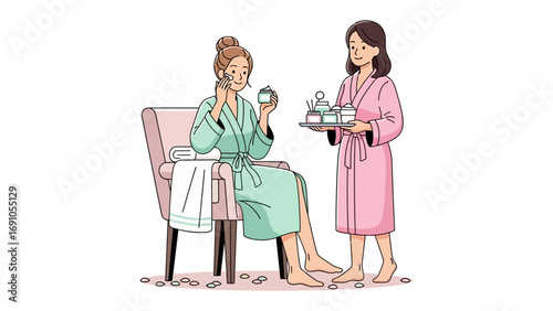 A woman in a green robe with hair rollers applies face cream while a second woman in a pink robe offers a tray of small desserts