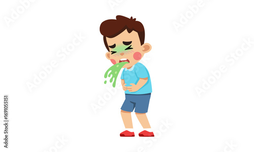 A young boy is shown vomiting green fluid, clutching his stomach, appearing unwell.