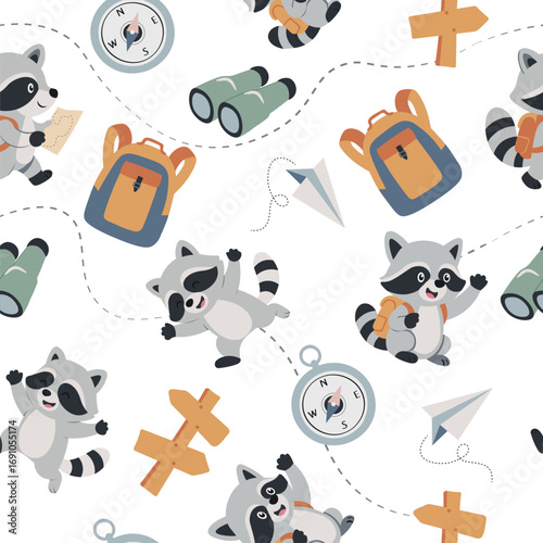 Cute raccoon seamless pattern with camping and travel elements. Cartoon animals for kids design.