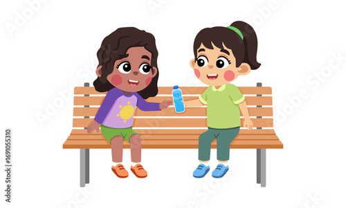 Two young girls sitting on a park bench sharing a water bottle.